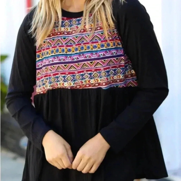 NEW Haptics BLACK RIB RAGLAN AZTEC BABYDOLL LONG SLEEVE TOP SIZE S, M, L - Picture 1 of 8